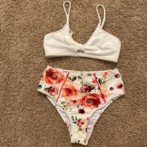 Cupshe bikini set with white top and high waisted floral bottoms (size xs)